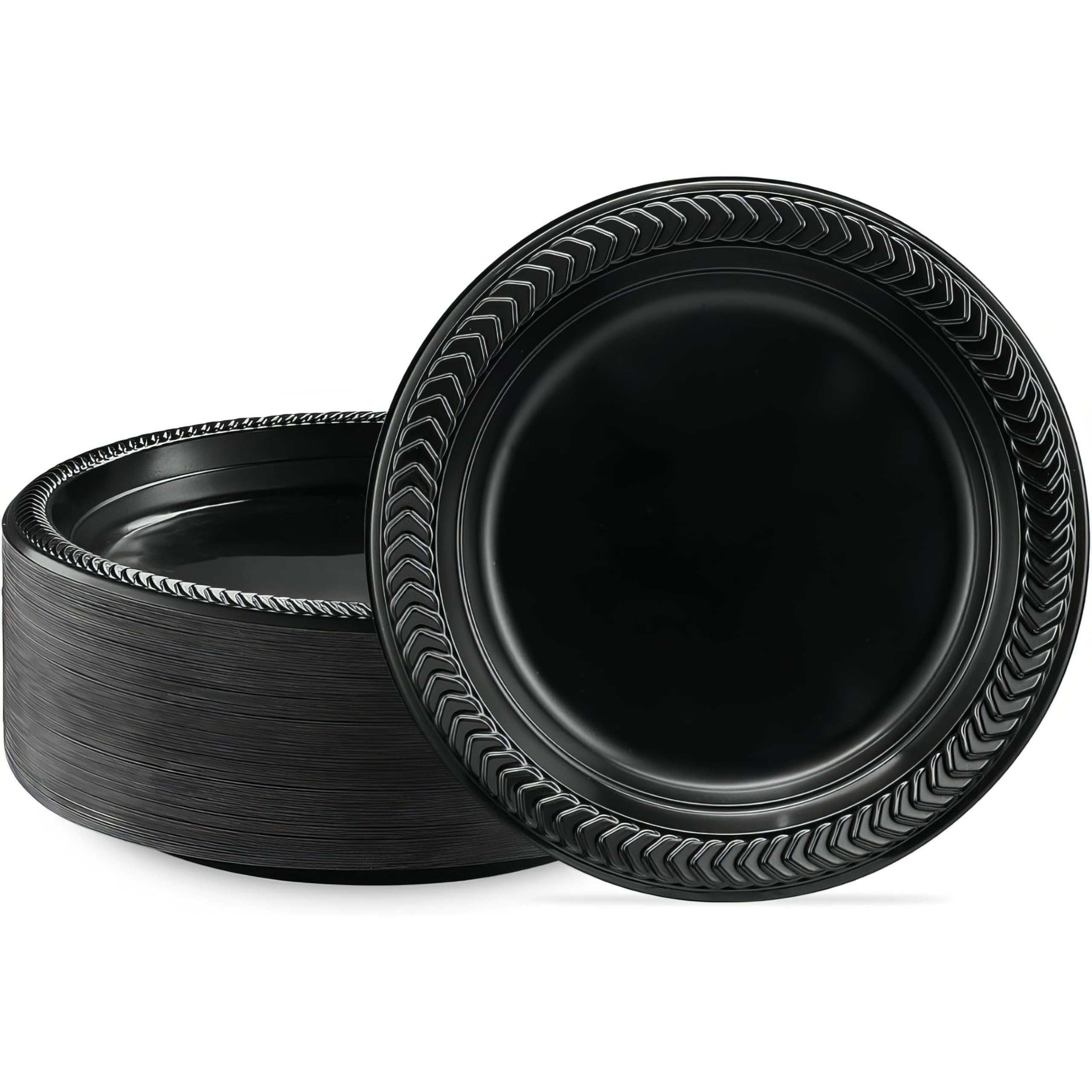 BLUESKY Cuisine Black Round Plastic Plates – 7″ 100 per pack – Durable & Microwave Safe – Perfect For Parties, Weddings, And Everyday Use (Pack of 8)