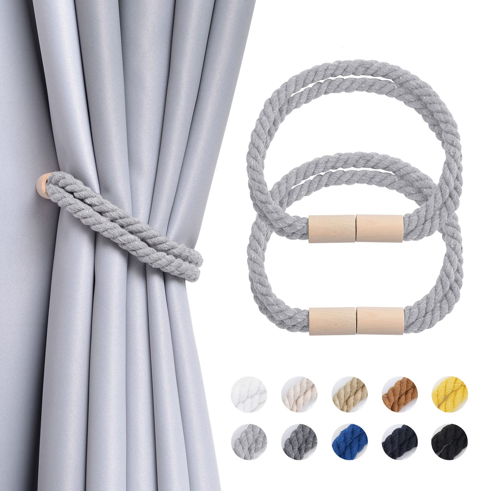 Pretty Jolly 2 Pack Strong Magnetic Curtain Tiebacks Boho Decoration Drape Tie Backs Natural Cotton Handmade Double Rope Curtain Holdbacks for Thin or Thick Home & Office Window Drapery (Light Grey)