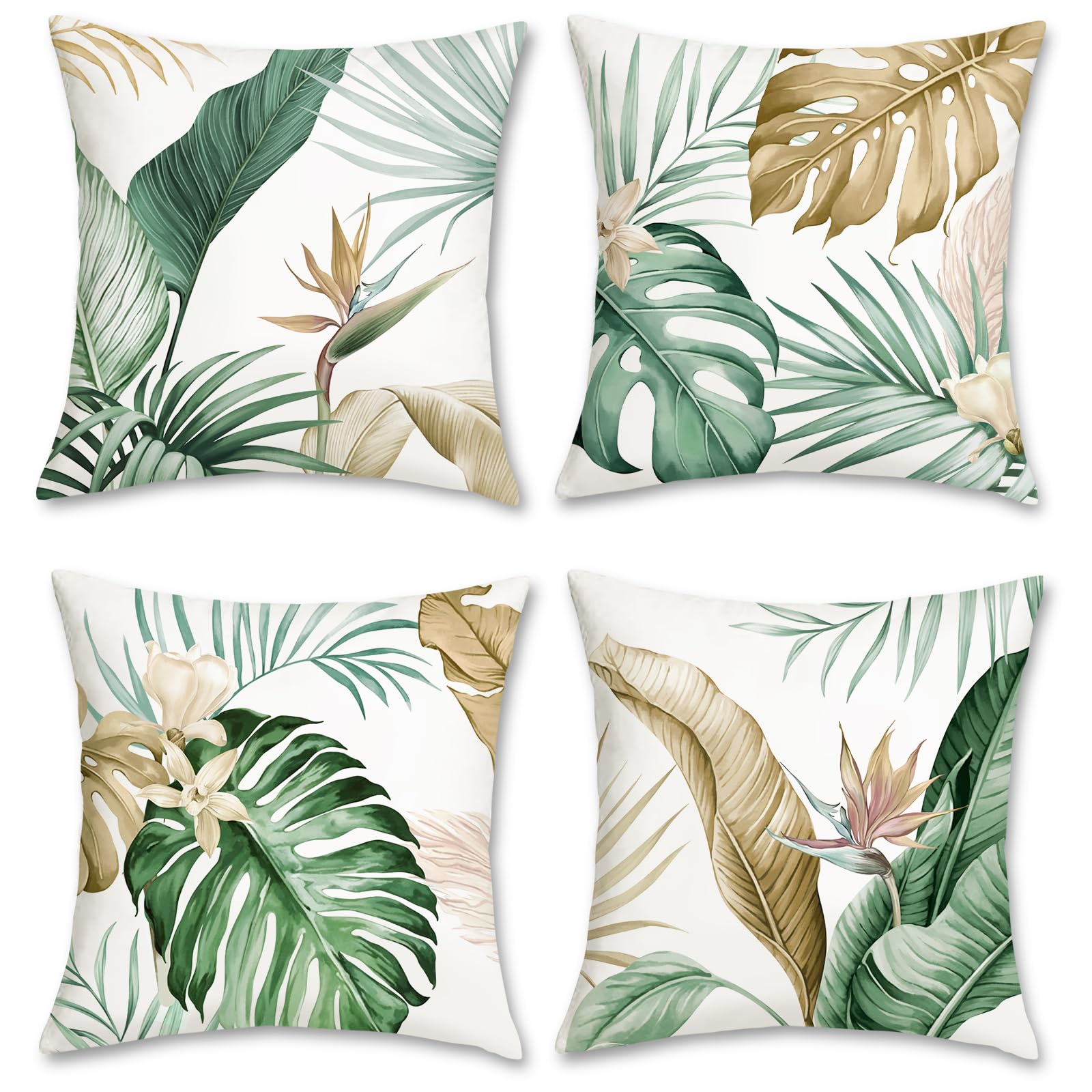 Bonhause Tropical Leaves Cushion Covers 45 x 45 cm Green Brown Leaf Decorative Throw Pillow Covers Soft Velvet Pillowcases for Sofa Bed Home Garden Patio Summer Decor Set of 4