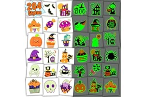 Partywind 204 PCS Individually Wrapped Sheets Glow Halloween Tattoos for Kids Party Decorations, Luminous Pumpkin Tattoo Stickers, Kids Halloween Treats, Party Supplies