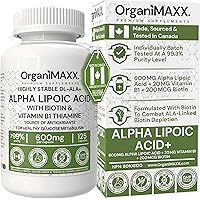 Alpha Lipoic Acid (ALA) OrganiMAXX 600mg Max Strength 125 Capsules Alpha GPC With Vitamin B1 Thiamine & Biotin. Non-GMO Vegan