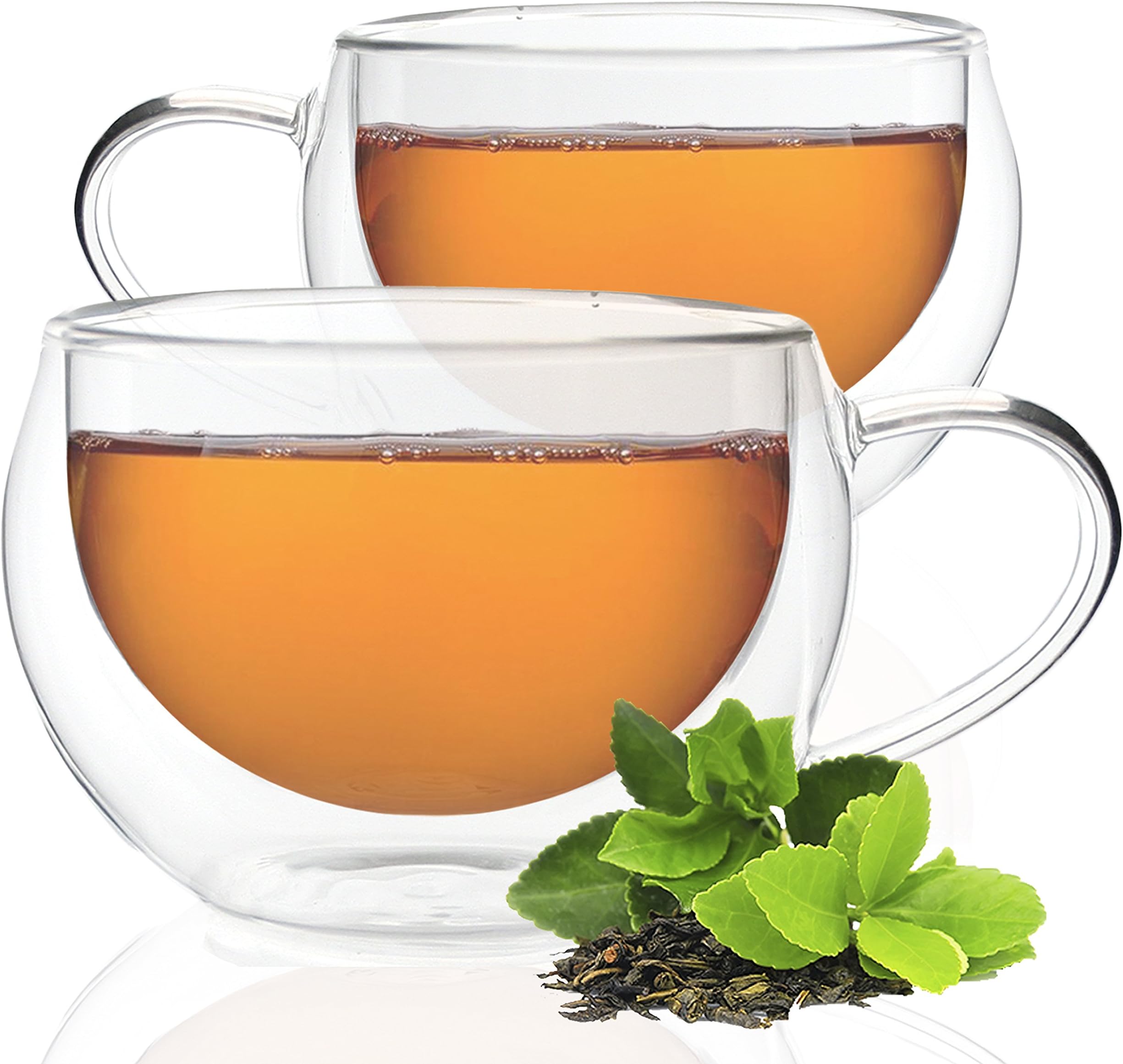 Tea Branch Tea Cups, Double-Wall Insulated Glass Cups, Tea Mugs, Borosilicate Glass For Tea, Double Espresso, Latte, 6.5 Ounces, 200 milliliter Each, Model "Let's Be Clear" (Set of 2)
