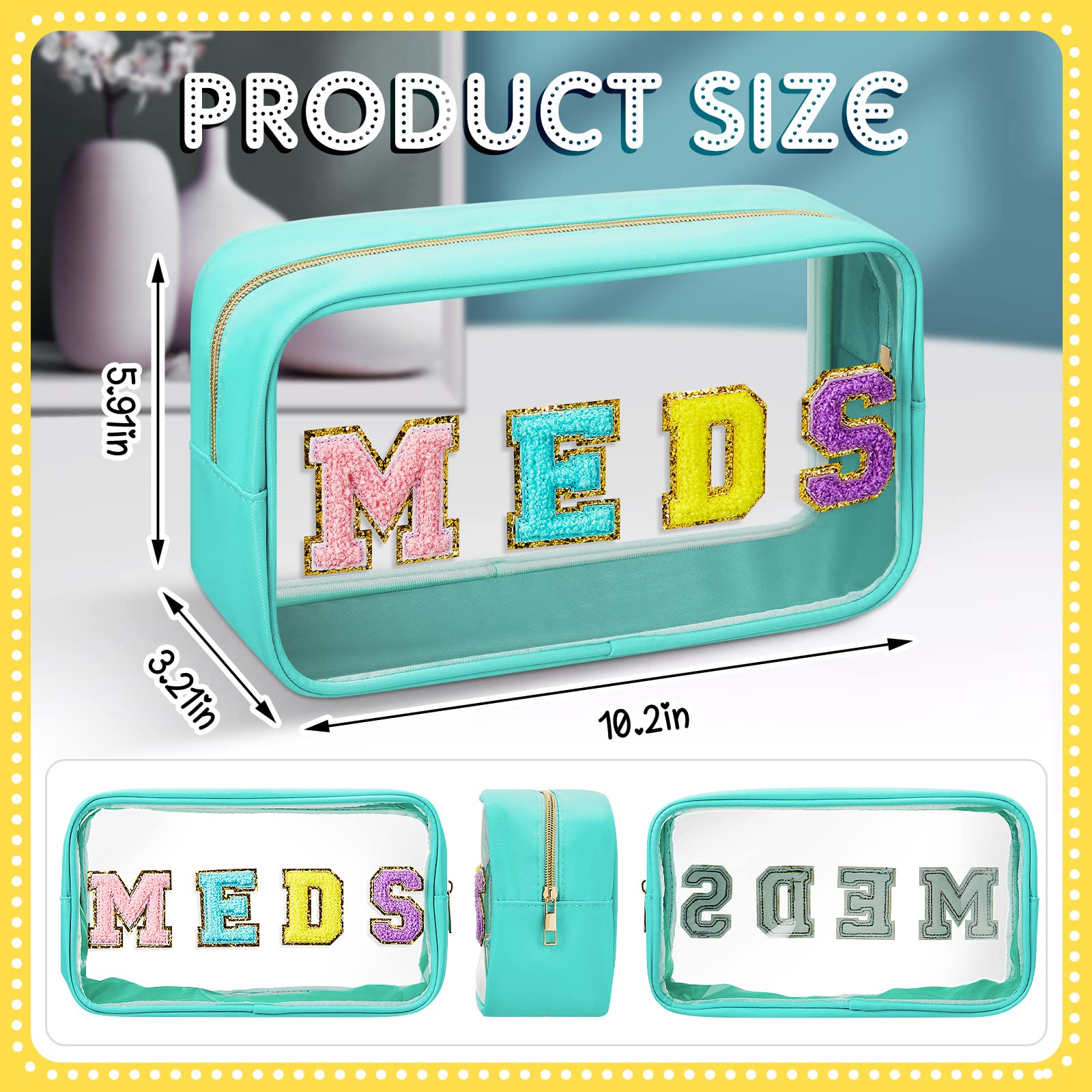 Geetery Chenille Letter Bag Nylon Portable Makeup Cases Preppy Patch with Zipper Cosmetic Toiletry Storage Bag for Women(Green,Cute MEDS)
