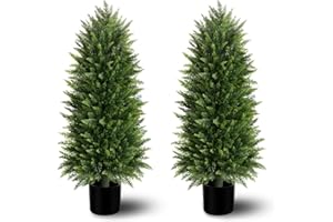 MAVIS'S DIARY 3FT Artificial Cedar Topiary Trees (2 Pack) - UV Resistant Fake Evergreen Shrubs with Extra Dense Foliage, Realistic Potted Faux Plants for Front Porch & Garden Decor