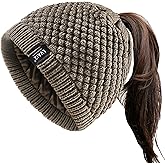 Lvaiz Hats Satin Lined Ponytail Beanie Knit Winter Hat for Women High Messy Bun Hat with Ponytail Hole Warm Skull Cap Women