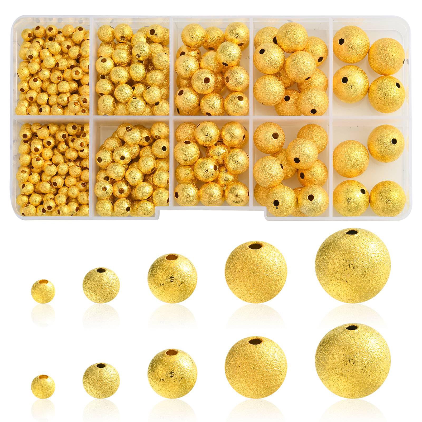 Stiesy Approx 460Pcs 5 Style Golden Colour Spacer Beads Frosted Textured Brass Beads 4/6/8/10/12mm Kit for Jewellry Making DIY Bracelet Crafting