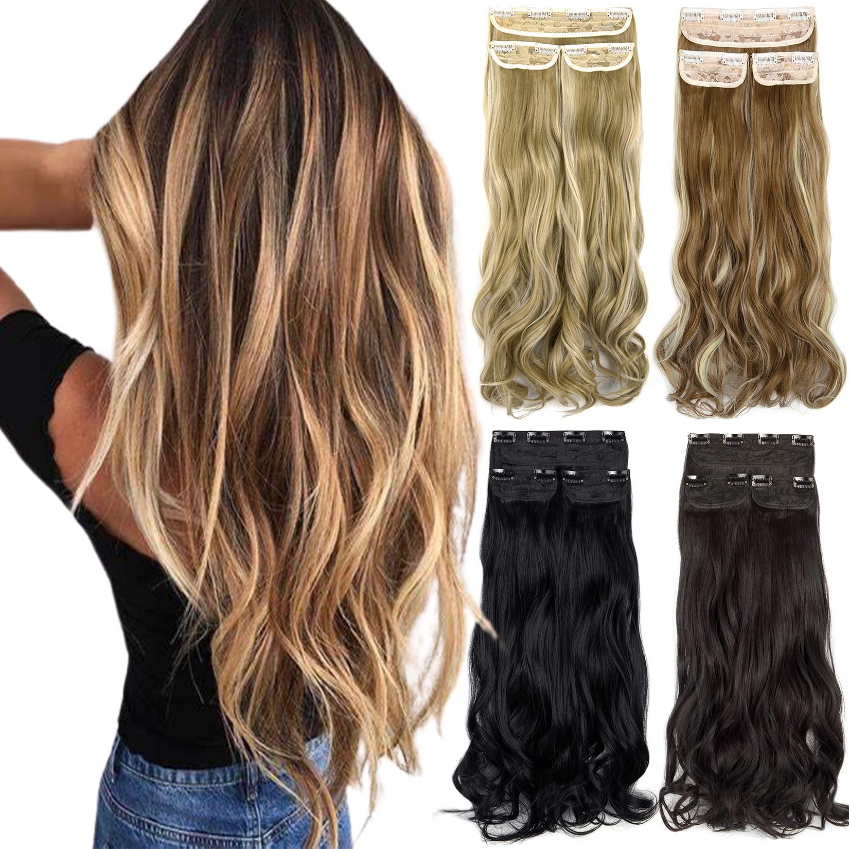 Clip in Hair Extensions 3Pcs 8Clips Curly Wavy Thick Full Head Double Weft Clip on Synthetic Hair Extension Wavy Hairpieces for Women (18" Dark Brown Mix Light Auburn)