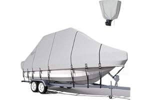 NUKUGULA Trailerable T-Top Boat Cover Fully 1200D Solution Dyed Hard Top/T Top Boat Cover with 21 Windproof Straps, Motor Cover (Gray, 23'-25 Long, Beam Width Up to 106")