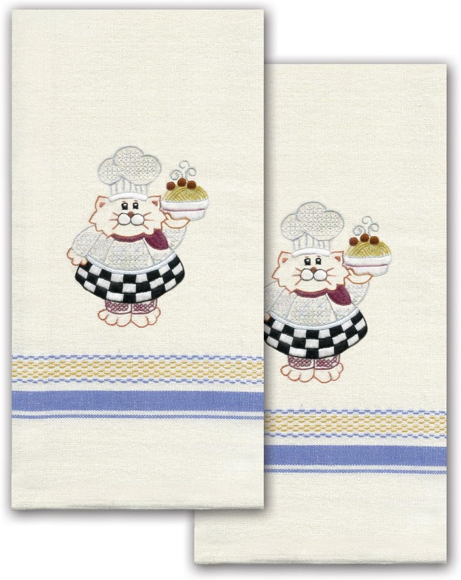 Tobin T212939 Stamped Kitchen Towel for Embroidery, Cat Chef