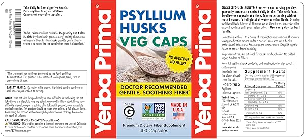 YERBA PRIMA PSYLLIUM HUSKS VEG CAPS, 400 CAPSULES (625MG) – VEGAN, NON-GMO, GLUTEN FREE, COLON CLEANSER, DAILY FIBER SUPPLEMENT FOR GUT HEALTH & REGULARITY
