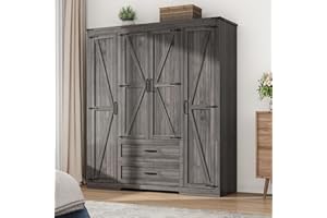 Hlivelood 4 Doors Wardrobe Armoire Closet with Doors and Drawers, Farmhouse Wooden Armoire Storage Cabinet with Shelves & Hanging Rod for Bedroom, Grey