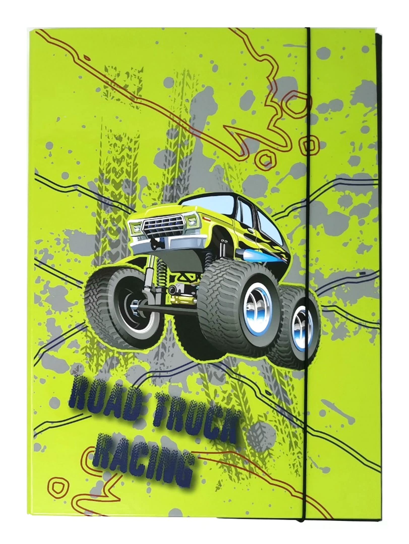 Theonoi A4 Off Road Truck Binder, DIN A4 Size, Cardboard with Elastic Band, Children's Organizer Folder for School or Home