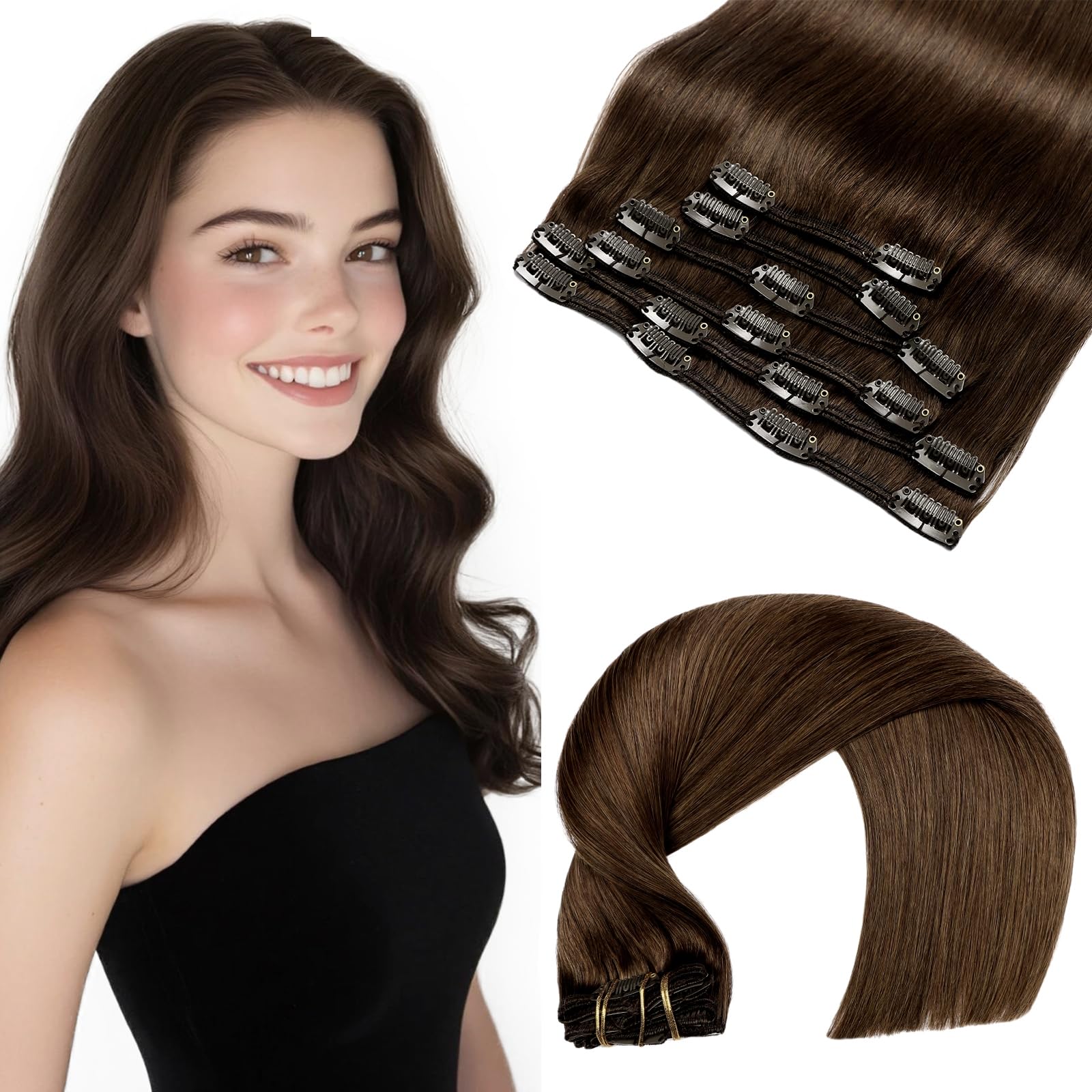 VINBAO Clip in Hair Extensions Real Human Hair Chocolate Brown 20 Inch 120g 6pcs Human Hair Extensions Clip ins for Women, Hair Extensions Clip in Brown Silky Straight Invisible (#C4, 20'') โ image 1