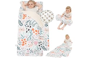 Viviland Toddler Nap Mat with Pillow and Minky Dot Blanket, Rolled Sleeping Mats/Slumber Bag, Large Thick Kids Nap Mat for Preschool, Daycare, Kindergarten, Travel Camping -Cute Cat