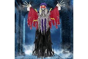 TURNMEON 60" Halloween Animatronic Decorations Outdoor Hanging Witch Skeleton Ghost Prop Sound Activated Scary Light up Eyeballs Spooky Laugh Sound Bendable Arm Shake Halloween Decor Haunted House Yard Party