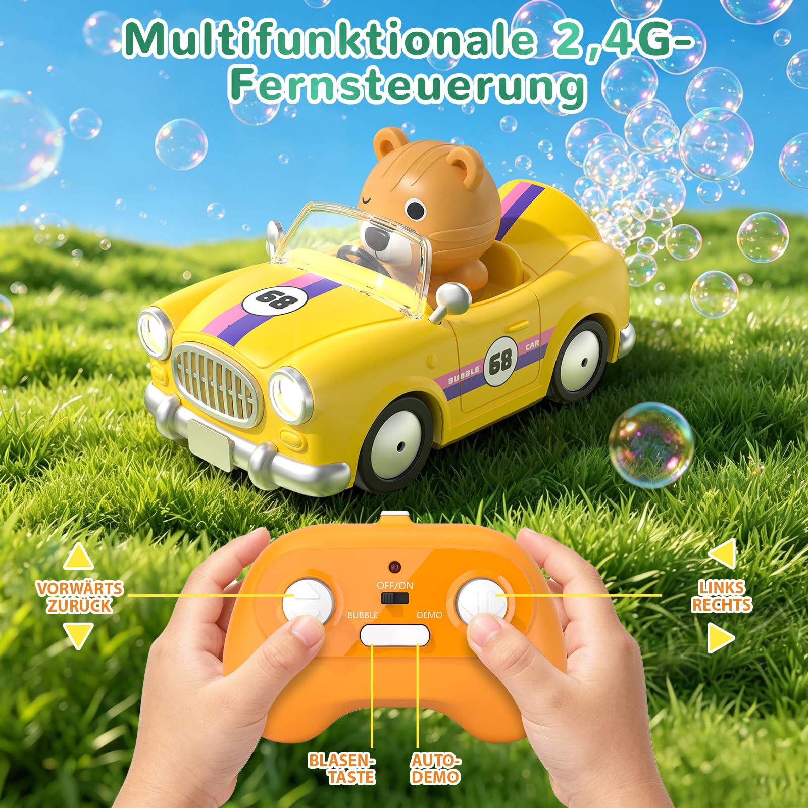 AZDYJL Ferngesteuertes Auto ab 4+ Jahre Kinder, RC Seifenblasenpistole Auto 3