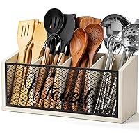Banawey Extra Large Kitchen Utensil Holder with 4 Compartments, Wooden Cooking Utensil Holder for Counter, Farmhouse Utensil Organizer for Countertop, Spatula Holder, Rustic Kitchen Decor, White