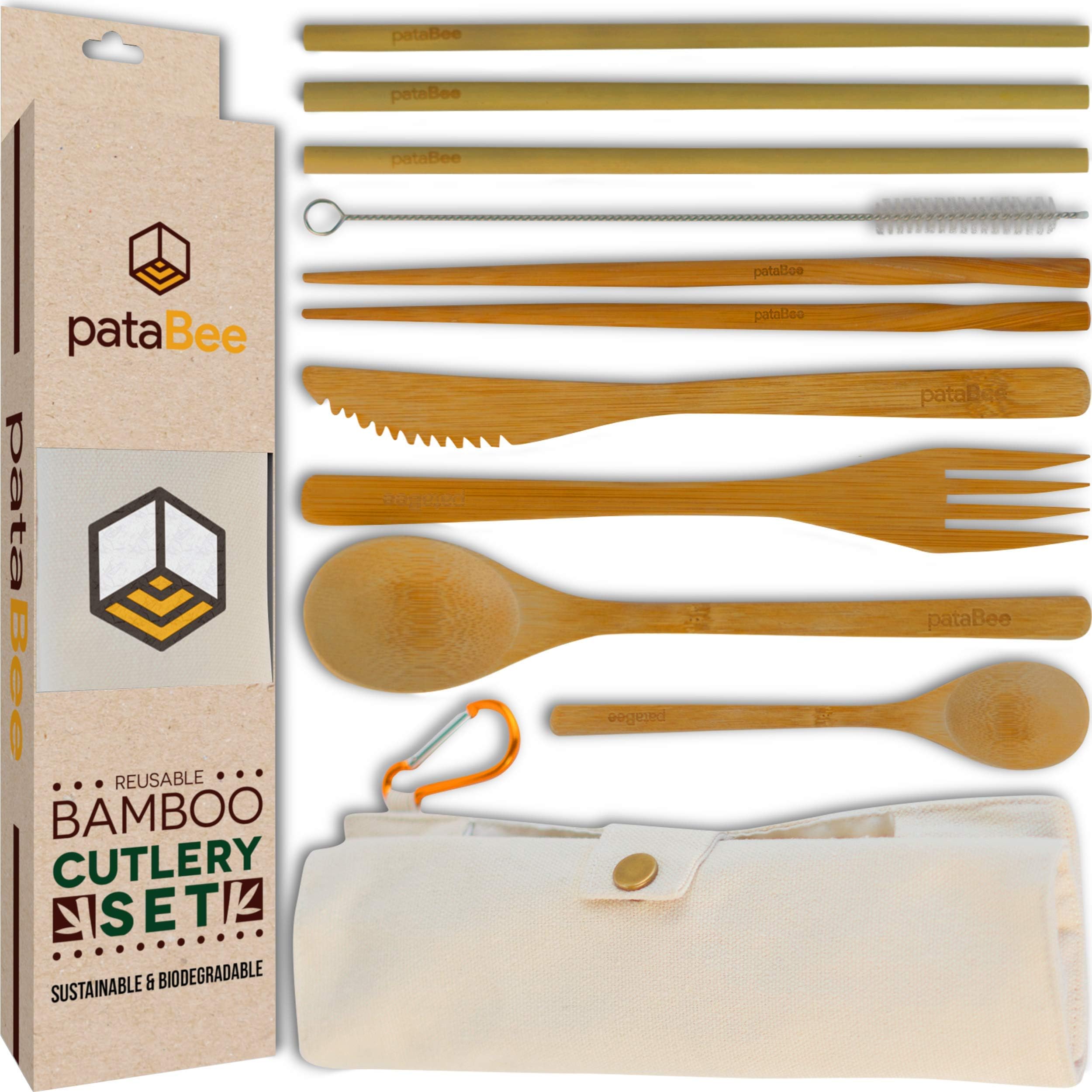 Bamboo Utensils Natural Cutlery Set - Reusable Wooden Utensil Set to Reduce Plastic to Zero Waste - Portable Flatware Set as an Eco-Friendly Alternative to Disposable Cutlery - 10 Pieces with Case