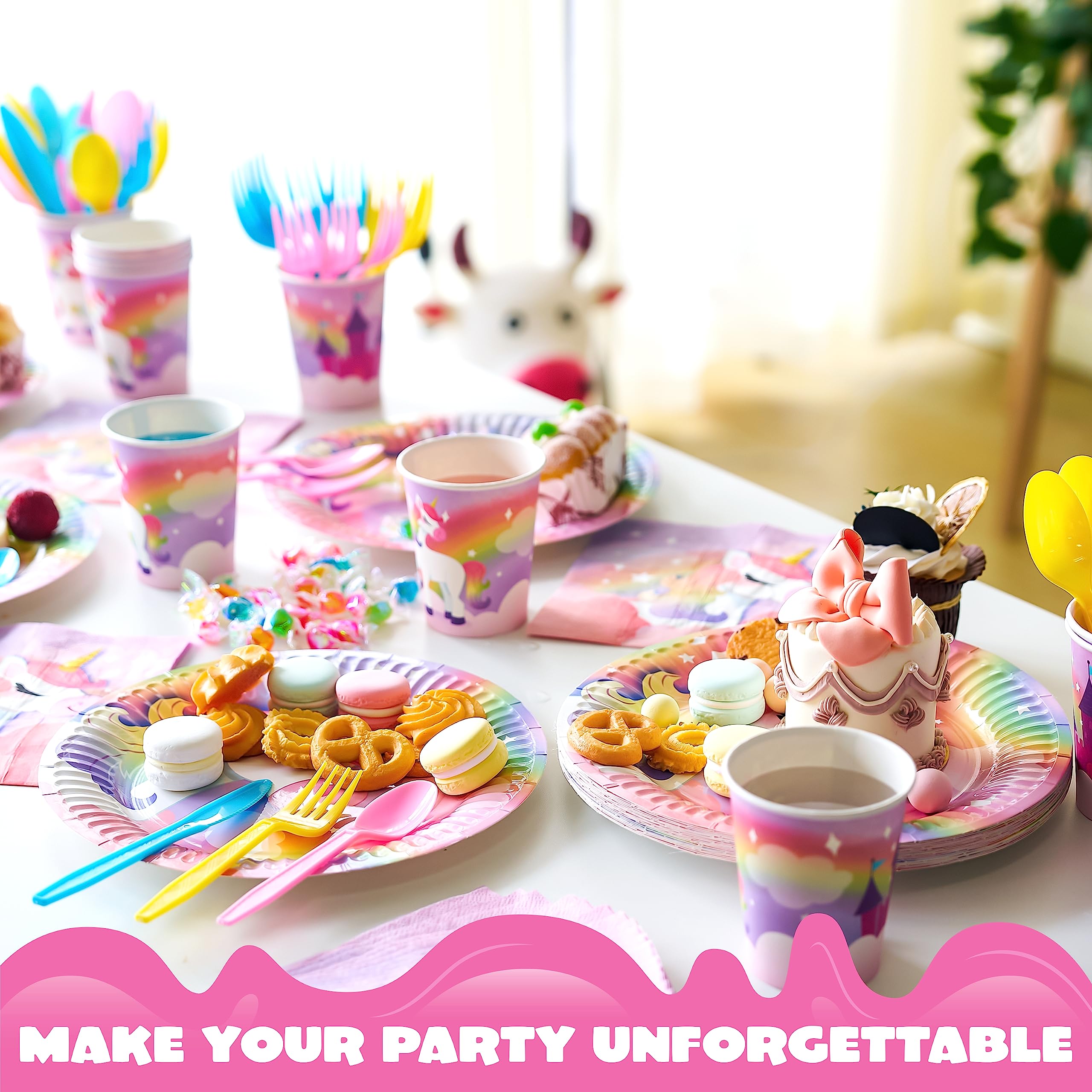 JOYIN 145 Pcs Unicorn Birthday Party Supplies with Unicorn Banner for Girls, 24 Serves Unicorn Disposable Tableware Set with Plates , Cups, Napkins, and Cutlery Sets for Unicorn Themes Party Kids