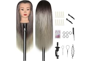 Aofadaning Hairdressing training headband table clip diy set for hair styling design weave 28 inch mannequin head synthetic fiber beauty doll head wig model head brown white（Brown White）