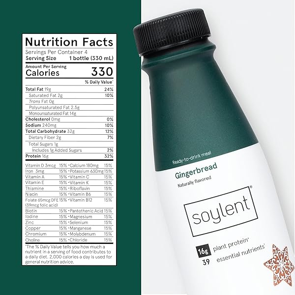 SOYLENT COMPLETE MEAL REPLACEMENT SHAKE, GINGERBREAD, 16G COMPLETE PROTEIN, READY-TO-DRINK PLANT BASED PROTEIN DRINK, 1G SUGAR, 11OZ (4 PACK)