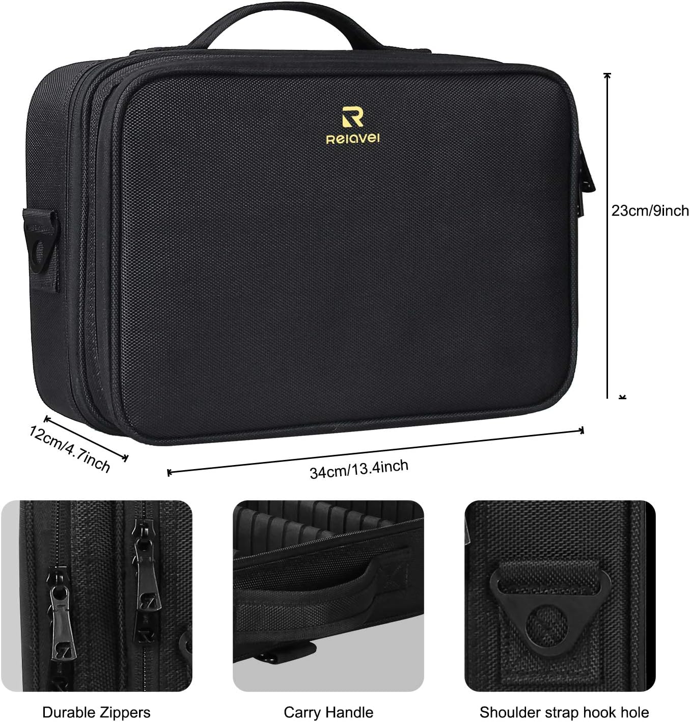 Relavel Makeup Bag Travel Makeup Train Case 13.8 inches Large Cosmetic Case Professional Portable Makeup Brush Holder Organizer and Storage with Adjustable Dividers and Shoulder Strap Black