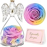 Yamonic Mom for Mom Grandma, Angel Figurines with Real Rose Birthday Gifts for Moms Women, Preserved Rose Flower Angel Figurines for Mothers Day Valentine's Day Gifts for Her(Rainbow)