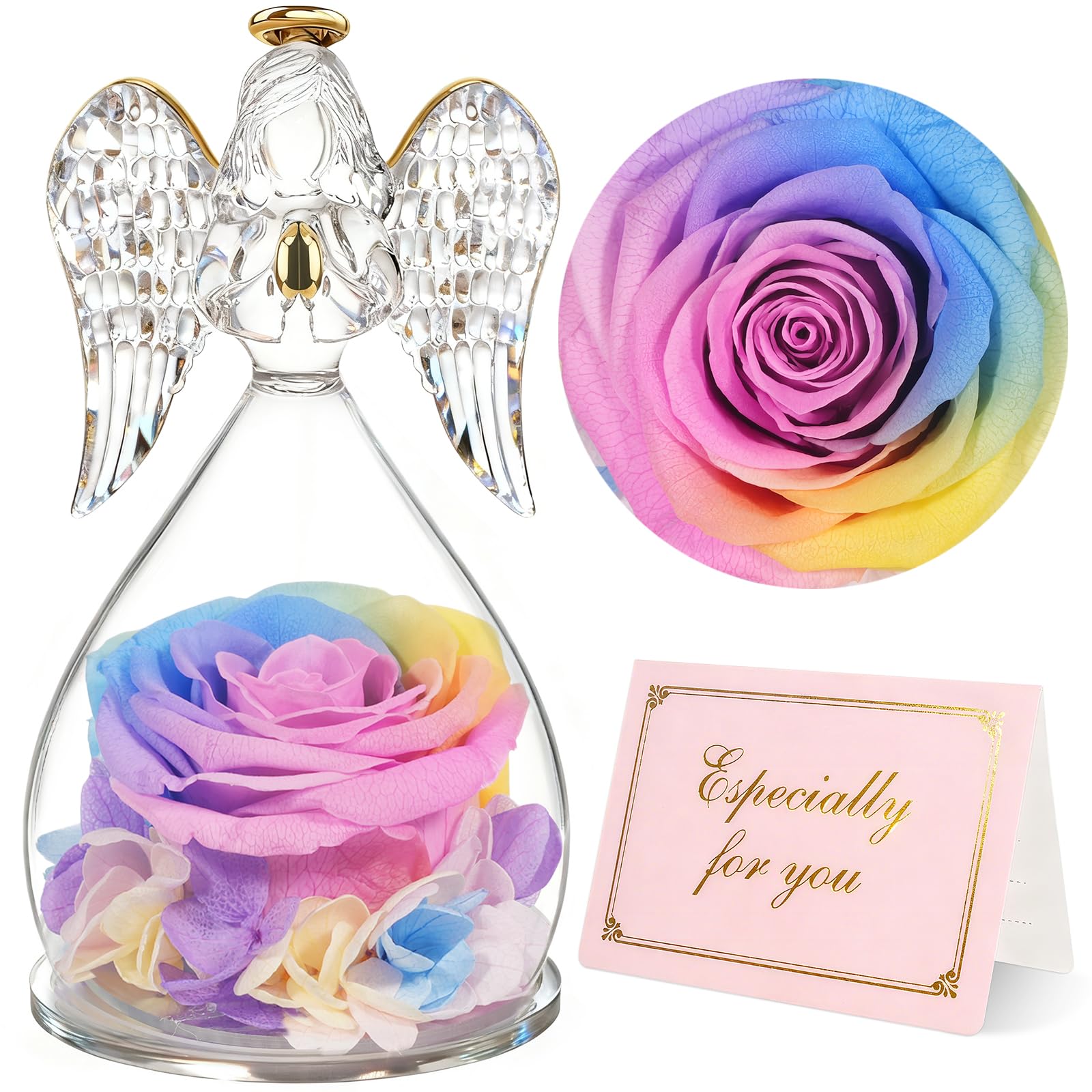 Yamonic Mom for Mom Grandma, Angel Figurines with Real Rose Birthday Gifts for Moms Women, Preserved Rose Flower Angel Figurines for Mothers Day Valentine's Day Gifts for Her(Rainbow) Image