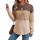 Dokotoo Womens Tops Casual Long Sleeve Waffle Knit Oversized Shirts Crewneck Color Block Pullover Sweatshirts