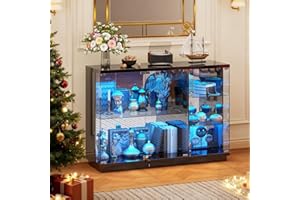 HNEBC Lockable Display Curio Cabinet with Glass Door,47.2" W Glass Display Cabinet with 3 Color Lights for Collectibles,5-Tier Lighted Display Case with Human Sensor,Living Room,Black