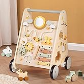 Pithfor Wooden Baby Push Walker, Baby Walker with Activity Center for Girls Boys, Montessori Sensory Push Toys for Babies Learning to Walk & Sit-to-Stand