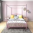 Albearing Canopy Bed Frame Platform Metal Bed Frame Heavy Duty Steel Slat and Support with Headboard and Footboard No Box Spring Required (Queen, Pink)