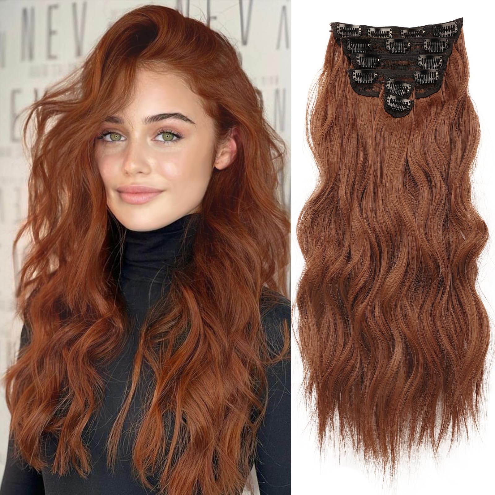 Photo 1 of NAYOO Clip in Hair Extensions for Women 20 Inch Long Wavy Curly Auburn Hairpieces Full Head Synthetic Hair Hairpieces(6PCS,Auburn)