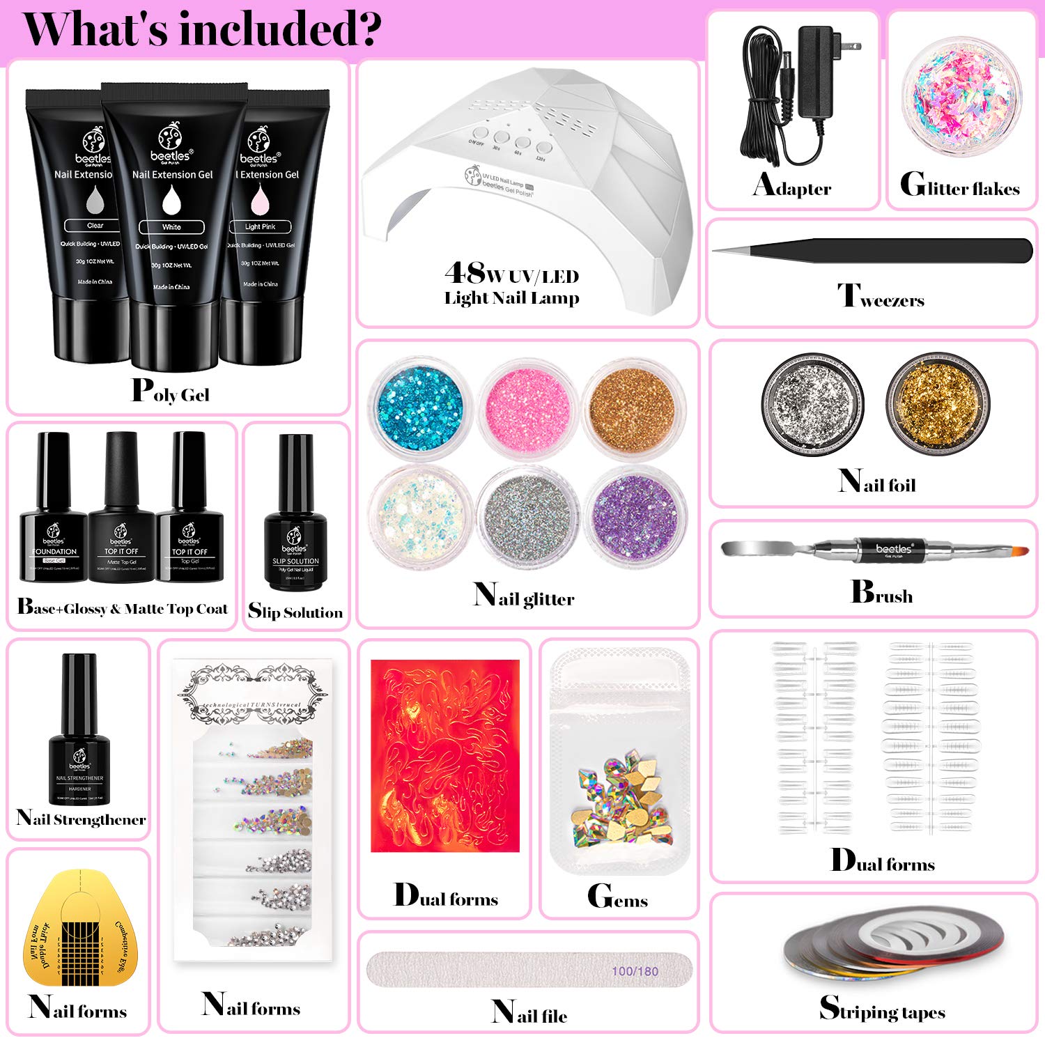 Beetles Poly Gel Nail Extension Kit, 30g Nail Extension Gel with 48W Nail Lamp Slip Solution Nail Strengthener Rhinestone Glitter All In One for Nail Manicure Beginner Starter Kit : Beauty