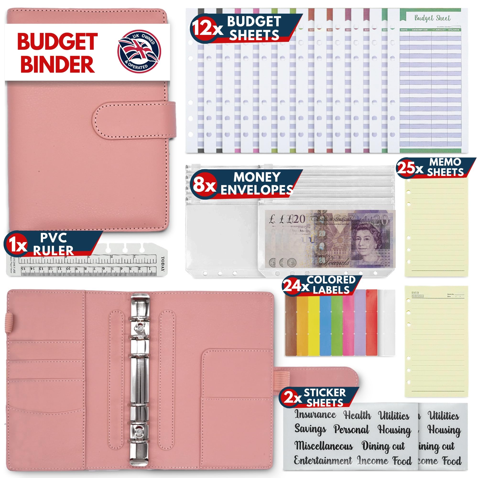 KASTLO A6 PU Leather 51pcs Budget Binder Notebook - Money Saving Wallet with Plastic Money Wallet Organiser, Label Sticker, Ruler - Budget Planner & Cash Envelopes for Cash Stuffing Wallet UK - Nude