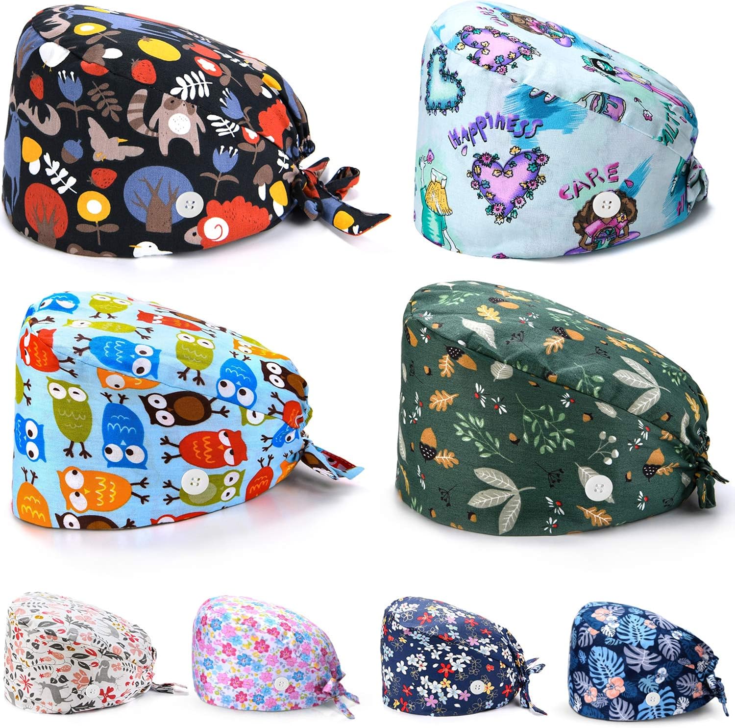 8 Pieces Working Caps with Button Tie Back Hats with Sweatband for Women Men (Animal Style): Clothing