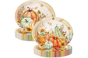 LINHAXM Thanksgiving Oval Paper Plates 30 Pcs 9"x11" Fall Harvest Watercolor Pumpkins Sunflowers Disposable Plates for Thanksgiving Dinner Holiday Table Decor