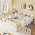Full Size Floor Bed with High Safety Guardrails for Kids, Solid Wood Montessori Floor Bed with Opening, Full Playhouse Bed Frame for Baby Girls and Boys,White