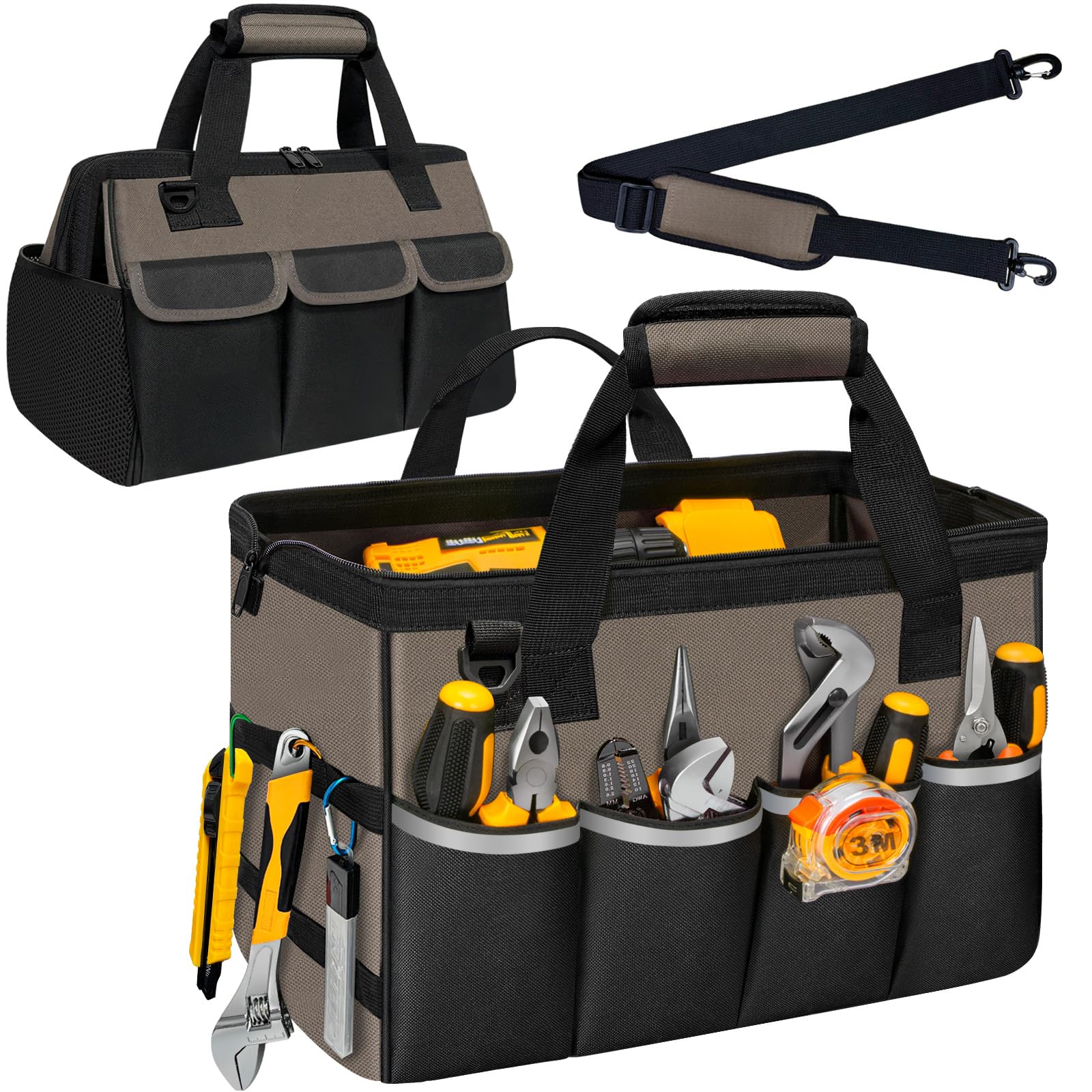 Photo 1 of NECKORY Tool Bag, Portable Tool Box Organizer Adjustable Shoulder Strap, Carry Tool Tote Heavy Duty Tool Storage Bag With Wide Mouth,Tool Bags for Men Mechanic EngineerGift - L, Coffee & Black