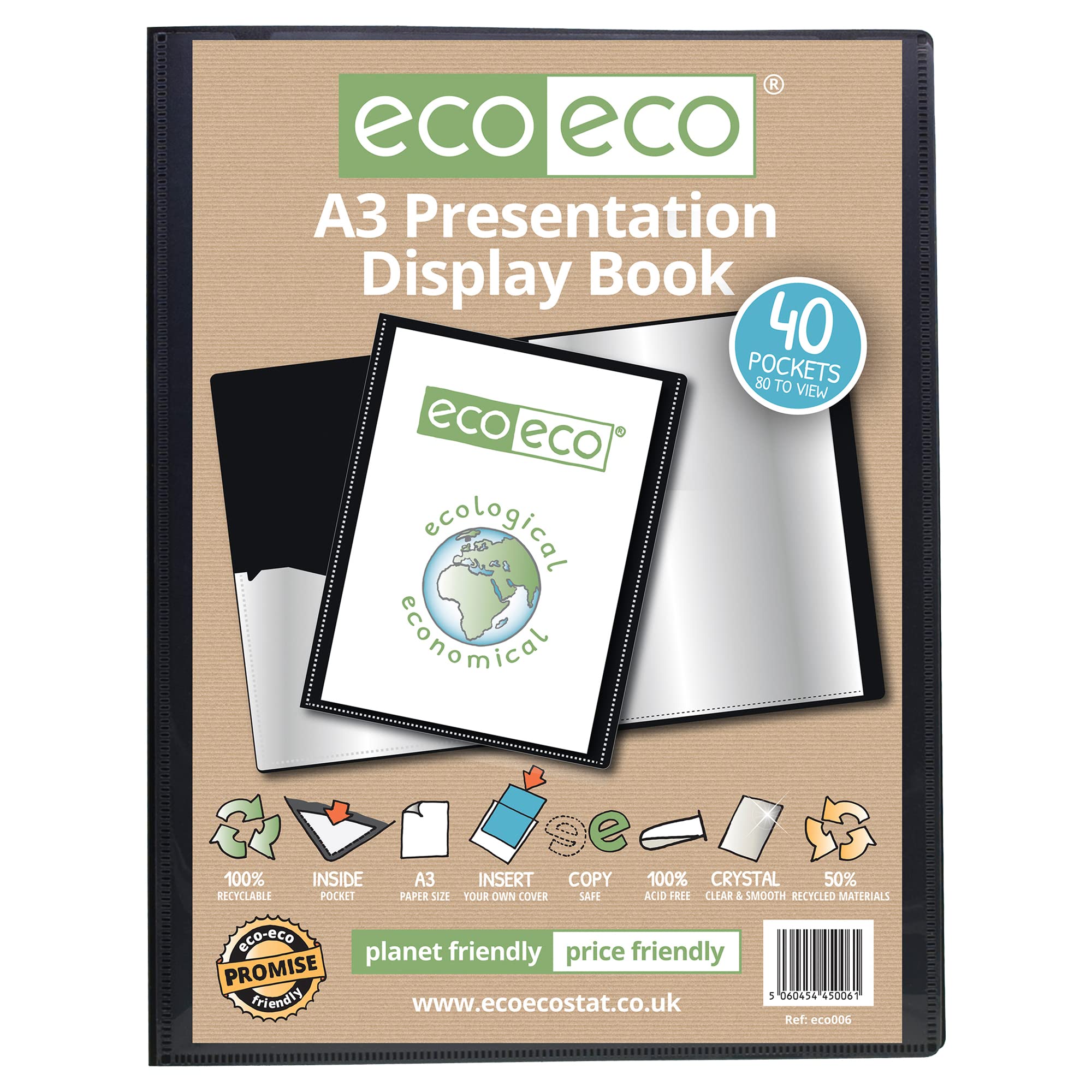 eco-eco A3 Size 50% Recycled 40 Pocket Black Presentation Display Book, Storage Case Portfolio Art Folder with Plastic Sleeves