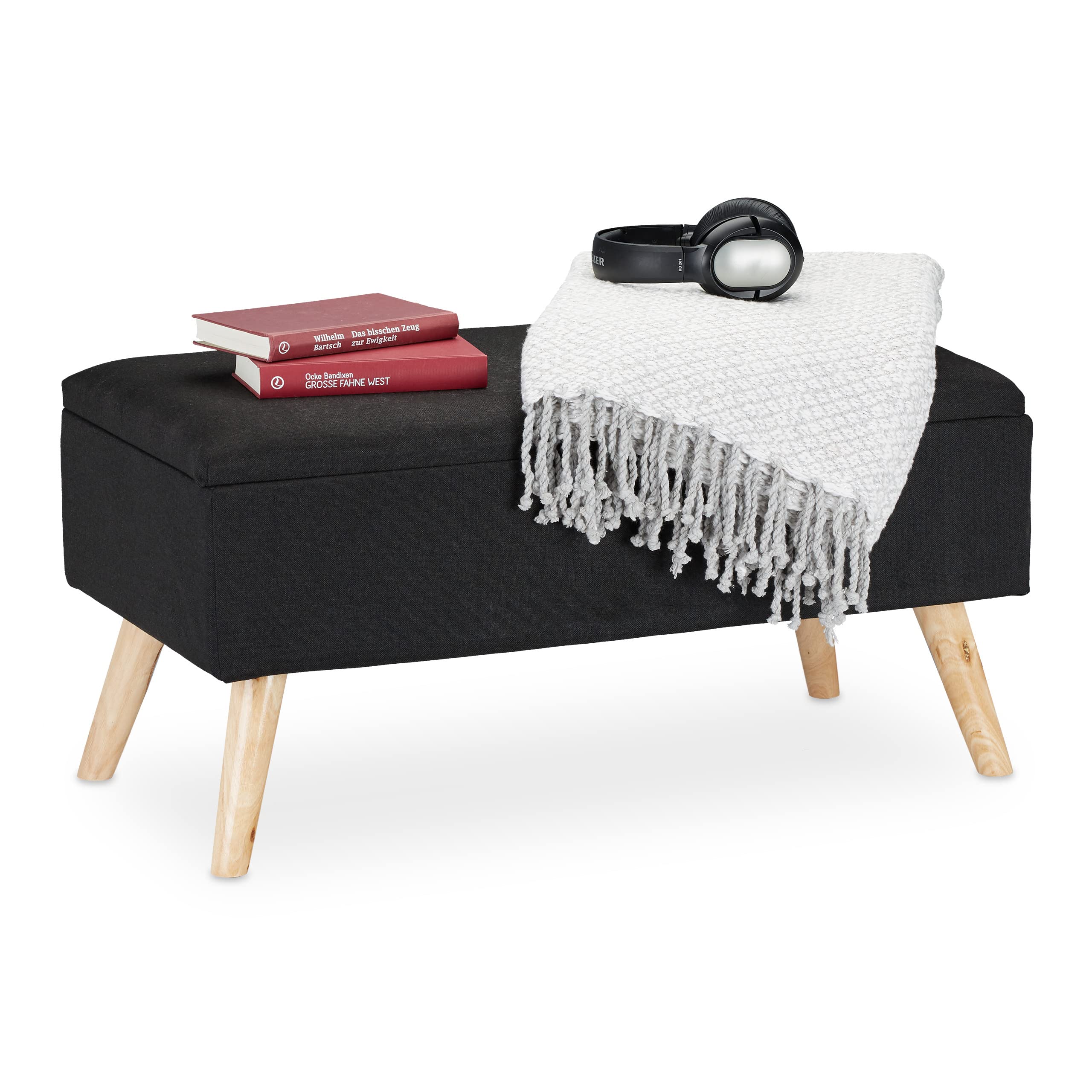 Relaxdays Hallway Storage Bench, Padded, Wooden Legs, Fabric Cover,HxWxD:39.5 x 79.5 x 39.5 cm,Black