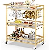Leteuke Bar Cart for Home, 3 Tier Gold Serving Rolling Carts with Wheels, Drink Cart, Liquor Stand with Marbled Wooden Shelve