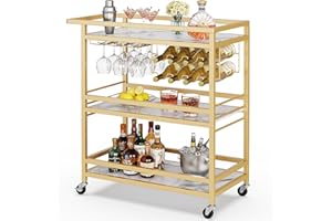 Leteuke Bar Cart for Home, 3 Tier Gold Serving Rolling Carts with Wheels, Drink Cart, Liquor Stand with Marbled Wooden Shelves, Wine Rack and Glass Holder for Kitchen, Dining Room