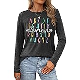 PICKID Teacher Shirts for Women: ABCD Teacher T-Shirt Alphabet Graphic Tshirt Casual Long Sleeve Fall Tops