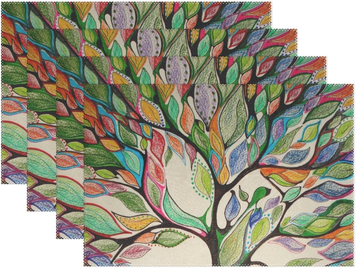 imobaby Modern Art Abstract Painting Colorful Tree of Life Print Placemat Table Mat, Heat-Resistant 12" x 18" Polyester Table Place Mat for Kitchen Dining Room Set of 6