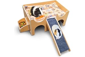 TINY ROYALS Guinea Pig Wooden Hideout with Built-in Feeder, Screw-Assembled Natural Wood Castle with Absorbent Fleece Mat, Ramp & Accessories, Cozy Safe Hideaway for Small Pets to Rest, Play & Explore