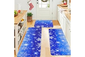 FRAMICS 3 Pcs Christmas Kitchen Rugs, Snowflake Kitchen Mats Set of 3, Xmas Snow Kitchen Mats for Floor Washable, Winter Blue