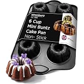 Wrenbury Nonstick Mini Buntz Cake Pan Non Stick for Baking Fluted Cake Tin | 6 Cup Bundlette Tray for Small Cakes - PFOA Free and Dishwasher Safe - 3.75&rdquo; Cup Width