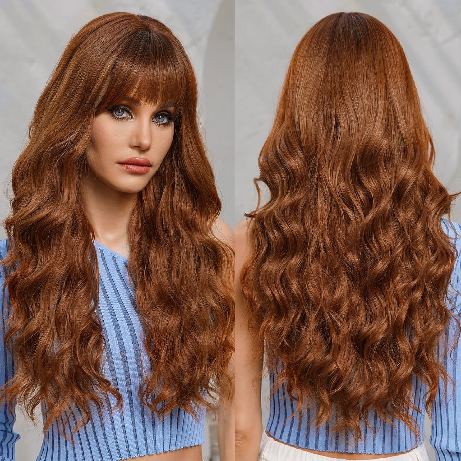 EMMOR Ombre Reddish Brown Wigs for Women Long Curly Wigs with Bangs Heat Resistant Fiber Synthetic Wigs Daily Natural looking — image 1