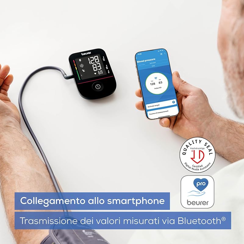 BM 48 Misuratore di pressione da braccio, funzionamento semplice con un pulsante, misurazione delicata e veloce, rilevamento aritmia, polsino 22-42 cm, con app, trasferimento dati Apple Health